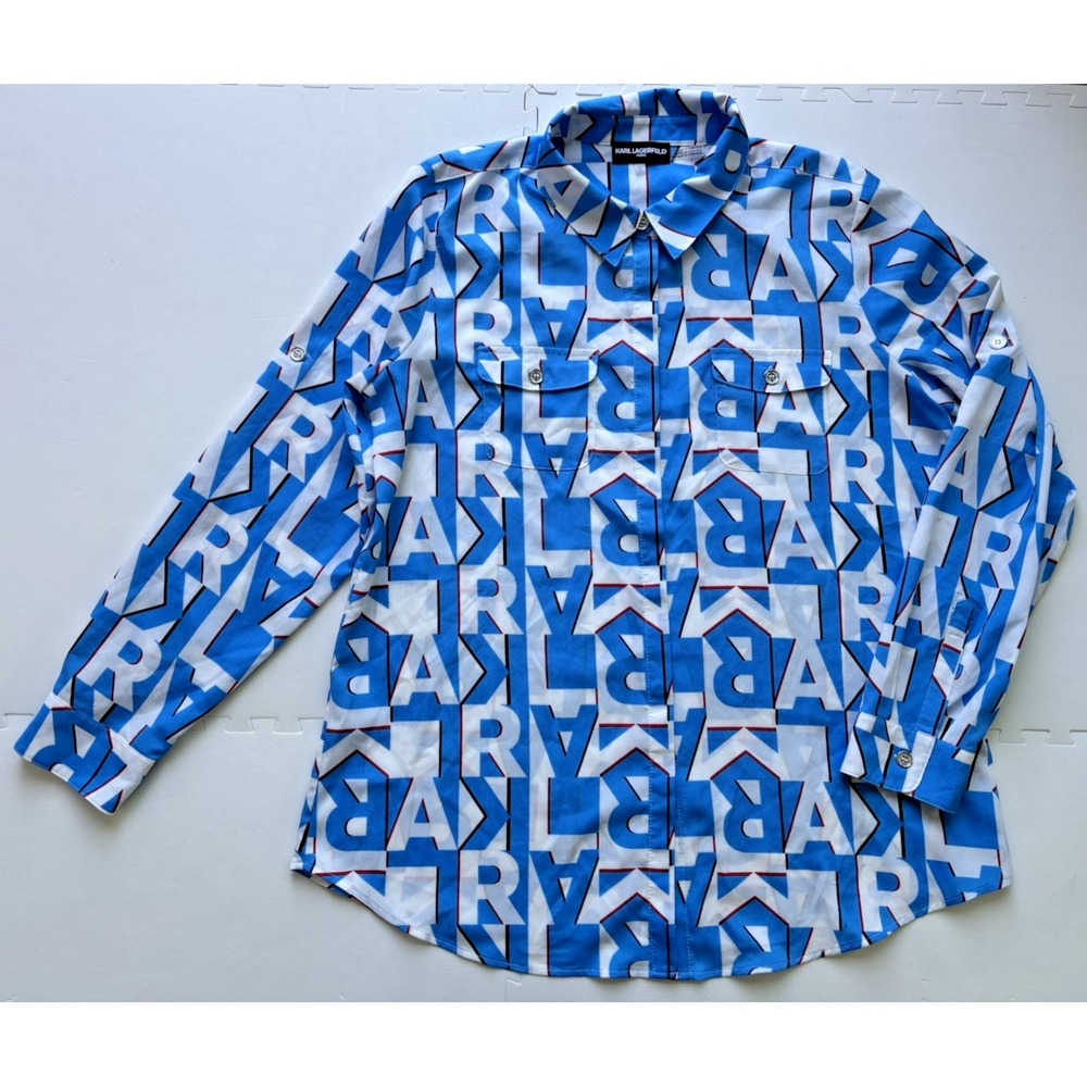 KARL LAGERFELD Womens Blouse Long Sleeve Mod Geometric Artsy Retro Pop - L